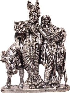 art n hub lord radha krishna & cow / radhey krishan couple idol god statue decorative showpiece  -  8 cm(brass, silver)