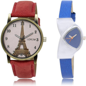 LOREM 208-230 COMBO Blue & Pink Triangle & Round Girl's Leather Watch - For Women