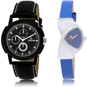 LOREM Watch-13-208 COMBO Blue & Black Triangle & Round Boy's & Girl's Leather Watch - For Men & Women