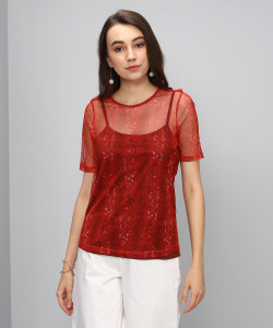 Vero Moda Casual Half Sleeve Printed Women's Maroon Top