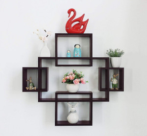 DriftingWood Wooden Intersecting Wall Shelves/Shelf for Living Room | Set of 5 | Brown Wooden Wall Shelf