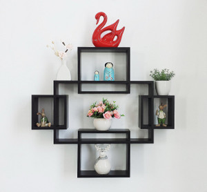 DriftingWood Wooden Intersecting Wall Shelves/Shelf for Living Room | Set of 5 | Black Wooden Wall Shelf