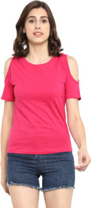Ap'pulse Solid Women's Round Neck Pink T-Shirt