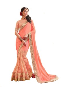 t zone trading co. embroidered, embellished fashion chiffon saree(orange) 101TZONE1025