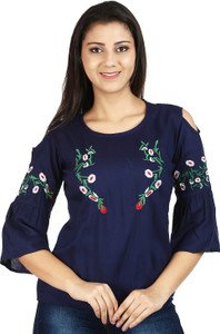 clothvilla Casual 3/4th Sleeve Embroidered Women's Dark Blue Top