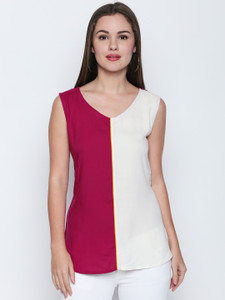 Oomph! Party Sleeveless Color Blocked Women's White, Pink Top