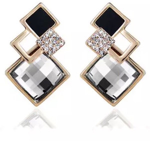 Nilu's Collection Fashionista Classic Jewellery Gold and Grey Color Fine Vintage Long Square Crystal Earring Big Geometric Stud Earring for Women and Girls Alloy Stud Earring