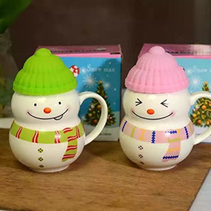 Satyam Kraft Ceramic Snow Man With Silicon Lid Cover ( 2 Piece ) For Kids 300 ml Ceramic Mug