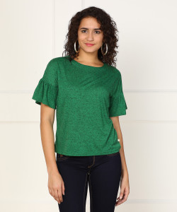 United Colors of Benetton Casual Bell Sleeve Self Design Women's Green Top