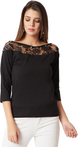 Miss Chase Party 3/4th Sleeve Solid Women's Black Top