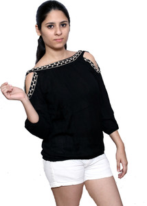 Fashion Village1 Casual Cold Shoulder Embroidered Women's Black Top