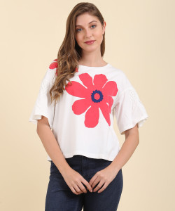 United Colors of Benetton Casual Half Sleeve Printed Women's Red, White Top