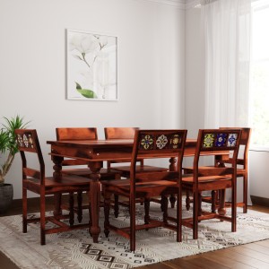 induscraft mozaic sheesham solid wood 6 seater dining set(finish color - honey brown)