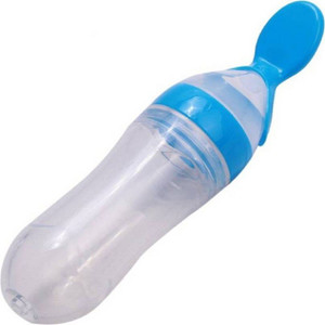 Baby feeding bottle store with spoon attached