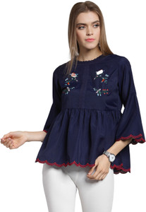 Pluss Casual Bell Sleeve Embroidered Women's Blue Top