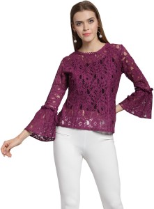 Pluss Casual Bell Sleeve Embroidered Women's Purple Top