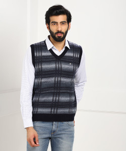 Duke Checkered V neck Casual Men Blue 