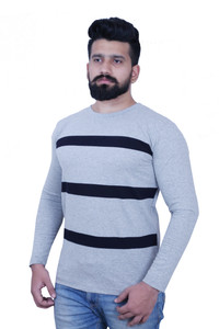 KAY S APPARELS Striped Men Round Neck Grey, Black T-Shirt