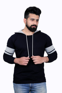 KAY S APPARELS Solid Men's Hooded Dark Blue T-Shirt