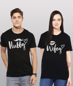 young trendz printed men & women round neck black t-shirt(pack of 2) HUBBY WIFEY_BLACK