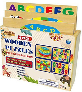 Real Wood Toys WOODEN PUZZLES IN STORAGE BOX 4 PACK WOODEN