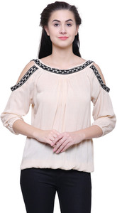 Fashion Village1 Casual Cold Shoulder Embroidered Women's Beige Top