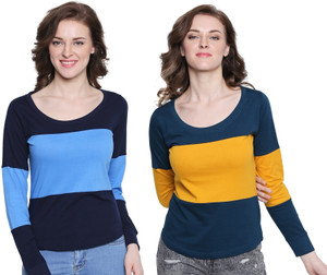 The Dry State Color block Women Scoop Neck Blue, Black T-Shirt
