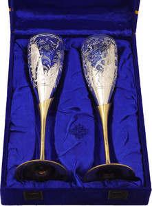IndianArtVilla Set of 2 Silver Plated & Brass Champange Glass With Blue Box Glass Set