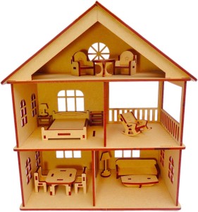NEKBAL Wooden Doll House with Furniture Construction Kit