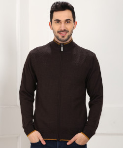 High Neck Casual Men Brown Sweater 