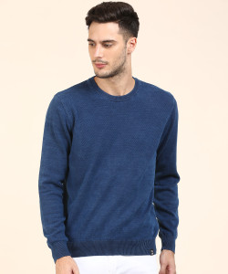 Lee Solid Round Neck Casual Men s Blue 