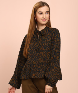 Van Heusen Casual Full Sleeve Polka Print Women's Black Top