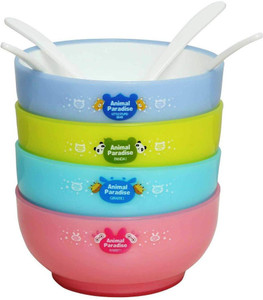 AVMART Set of 4 Colorful & Beautiful Animal Paradise Bowl Set with Spoon for Soup & Food (BPA Free & Unbreakable) Plastic Disposable Bowl Set