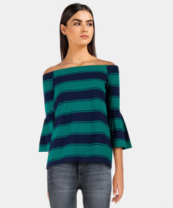 United Colors of Benetton Casual Full Sleeve Striped Women's Blue, Green Top