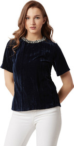Miss Chase Party Short Sleeve Solid Women's Blue Top