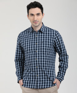 John Players Men's Checkered Casual Dark Blue Shirt