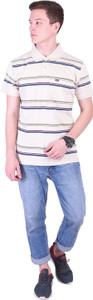 Distortion Crew Broad Stripes Men Polo Neck Beige, Blue T-Shirt