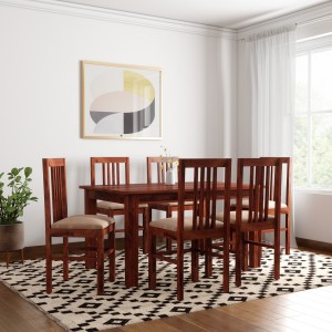 induscraft moshe upholstery sheesham solid wood 6 seater dining set(finish color - mahogany)