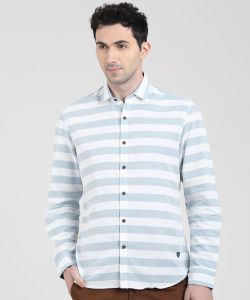 John Players Men's Striped Casual Light Blue, White Shirt