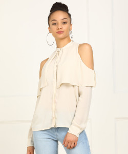Van Heusen Casual Cold Shoulder Solid Women's Beige Top