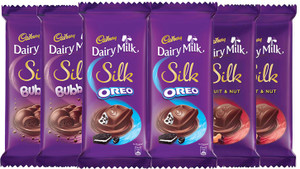 Cadbury Dairy Milk Silk Large Chocolates Combo, (2XSilk Oreo 130g & 2XSilk Bubbly 120g & 2X Silk Fruit and Nut 137g) Bars