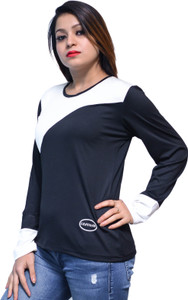 Chauhan Self Design Women's Round Neck Black, White T-Shirt