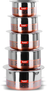 Sumeet Stainless Steel Designer Copper Bottom 5 pc Container Set / Tope / Cookware Set With Lids (Capacity -1 Ltr, 1.35 Ltr, 1.85 Ltr, 2.2Ltr, 2.8 Ltr) Pot 2.8 L with Lid