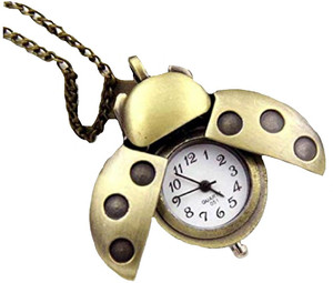 GirlZFashion Antique Gold Retro Beetle Pocket Watch Necklace