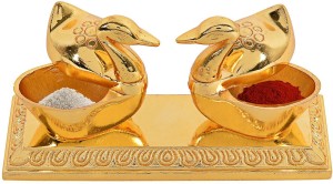 aakrati beautiful roli-chandan, chawal-akshat box with loving bird duck pair chopda for gift and pooja purpose decorative showpiece  -  6 cm(zinc, gold)