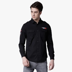 Locomotive Men Solid Casual Black Shirt