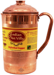 Indian Art Villa Copper Jug Pitcher 1300 ML - Storage Serving Water Benefit Yoga Ayurveda Water Jug