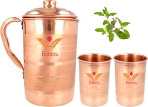 Femora Antioxidant Copper 1.4 Litre Jug with Organic Tulsi Leaves (20 gms),Two 300 ml Glasses Jug Glass Set