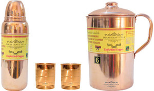 Indian Craft Villa Handmade Best Quality 100% Pure Copper 1 Jug Pitcher Capacity 2.1 Liter 2 Glass Cup Goblet Capacity 300 ML 1 Water Bottle Capacity 700 ML for Storage Water Good Health Benefits Yoga, Ayurveda Home Decorate Kitchen Dinning Ware Travel Bottle Gift Item Combo Set Water Jug Set