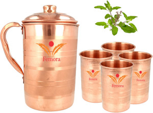 Femora Copper Jug with Organic Tulsi Leaves (20 gms), 4 Glasses (300 ml) Jug Glass Set